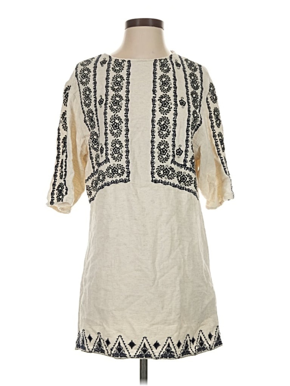 Zara Cream Embroidered Tunic Top with Black Trim